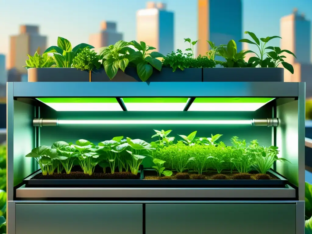 Diversificación de cultivos acuaponía urbanos: sistema moderno con plantas exuberantes en ambiente urbano futurista y sostenible