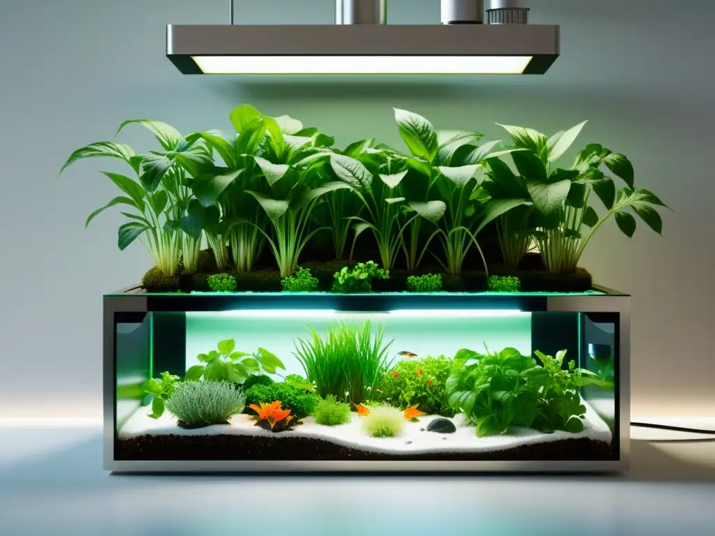 Emprendiendo con acuaponía doméstica: Sistema de acuaponía en casa, con plantas vibrantes y diseño moderno, armonía entre naturaleza y tecnología