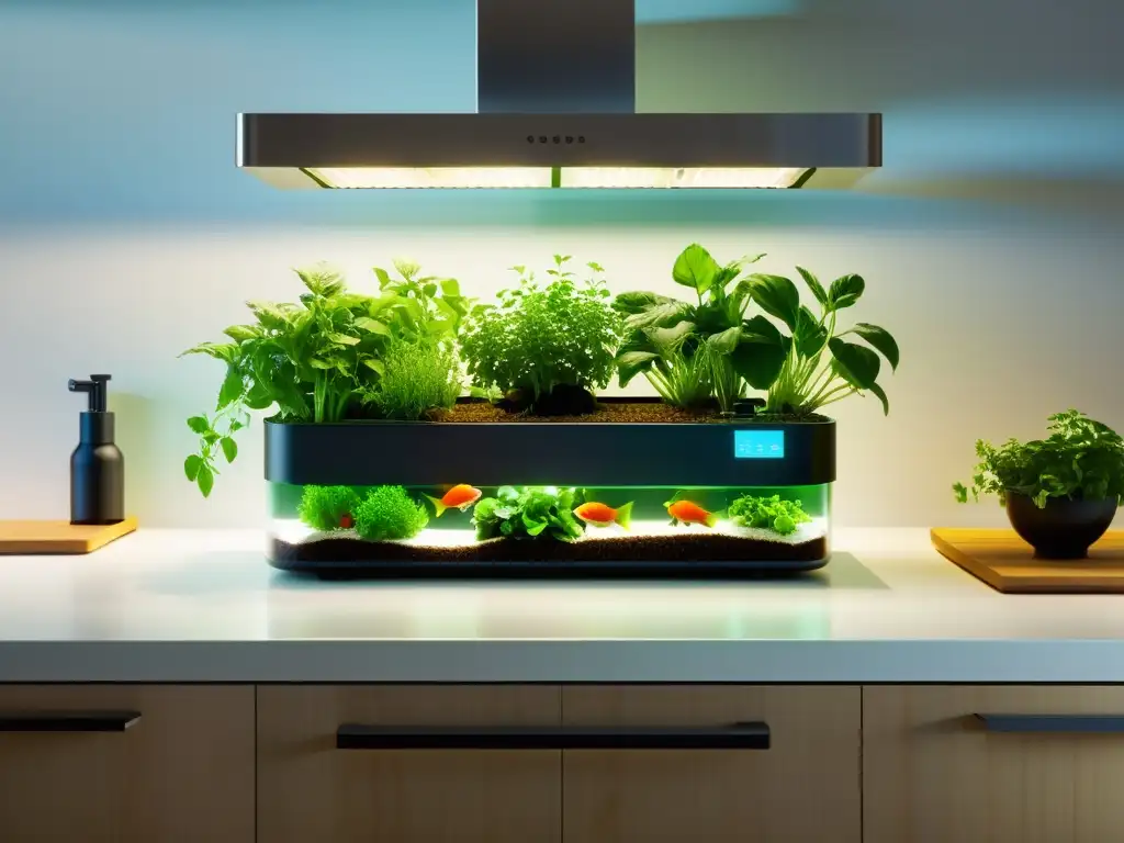 Emprendiendo con acuaponía doméstica: Una elegante y compacta sistema de acuaponía en una cocina diseñada con armonía natural y moderna