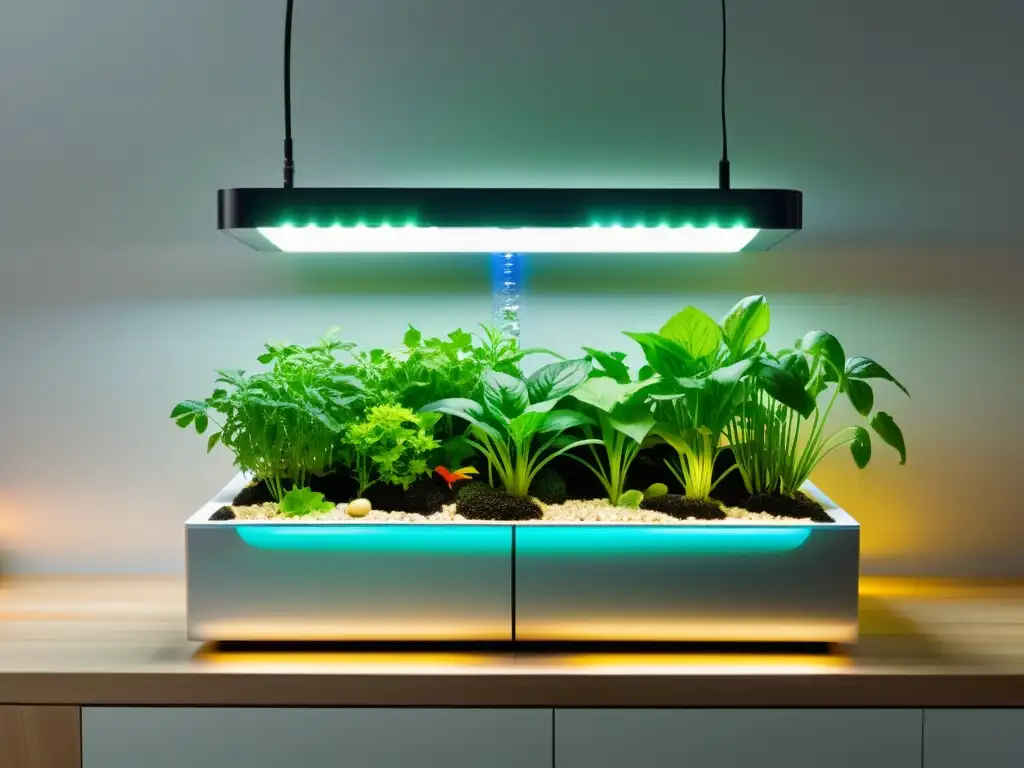 Acuaponía doméstica innovadora para hogar: sistema aquapónico moderno con plantas verdes y peces en la cocina