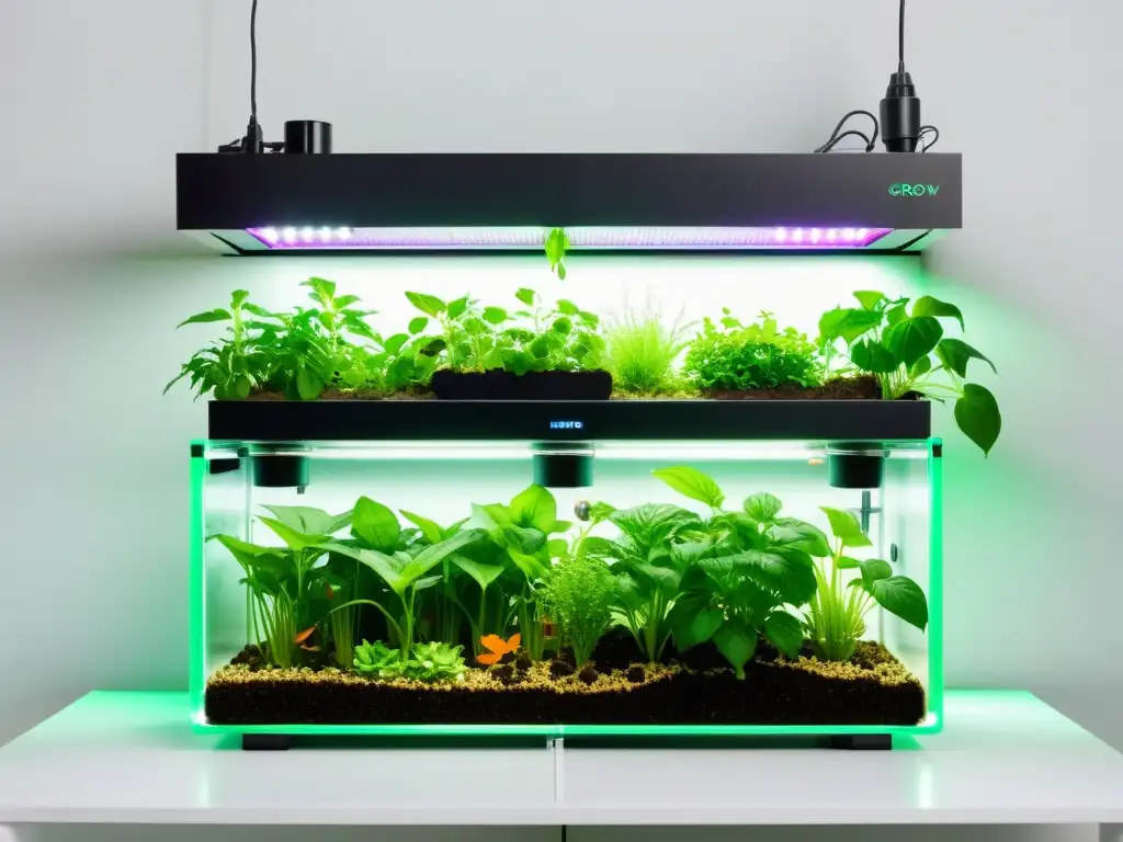 Acuaponía doméstica innovadora para hogar: Sistema de aquaponía moderno con tanques de vidrio, plantas vibrantes y luces LED futuristas