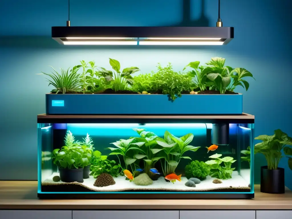 Acuaponía doméstica innovadora para hogar: Sistema elegante con pecera integrada y jardín de vegetales iluminado en azul y verde vibrante