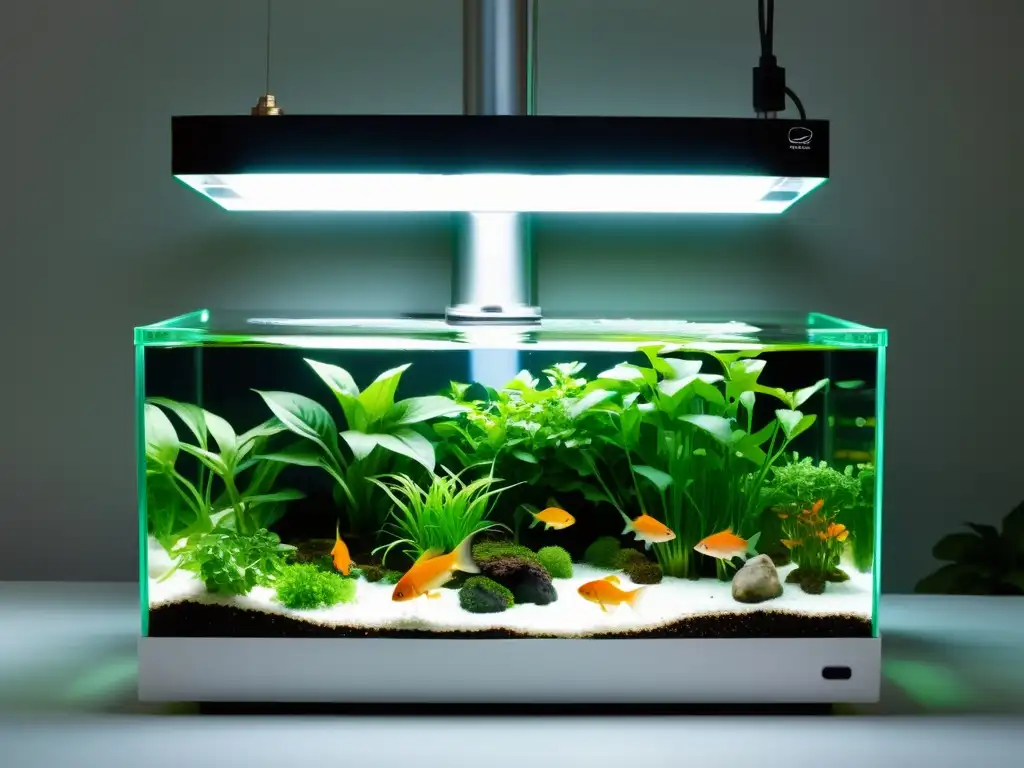 Acuaponía doméstica innovadora para hogar: sistema moderno con diseño minimalista, plantas verdes exuberantes y peces prósperos en tanque de vidrio