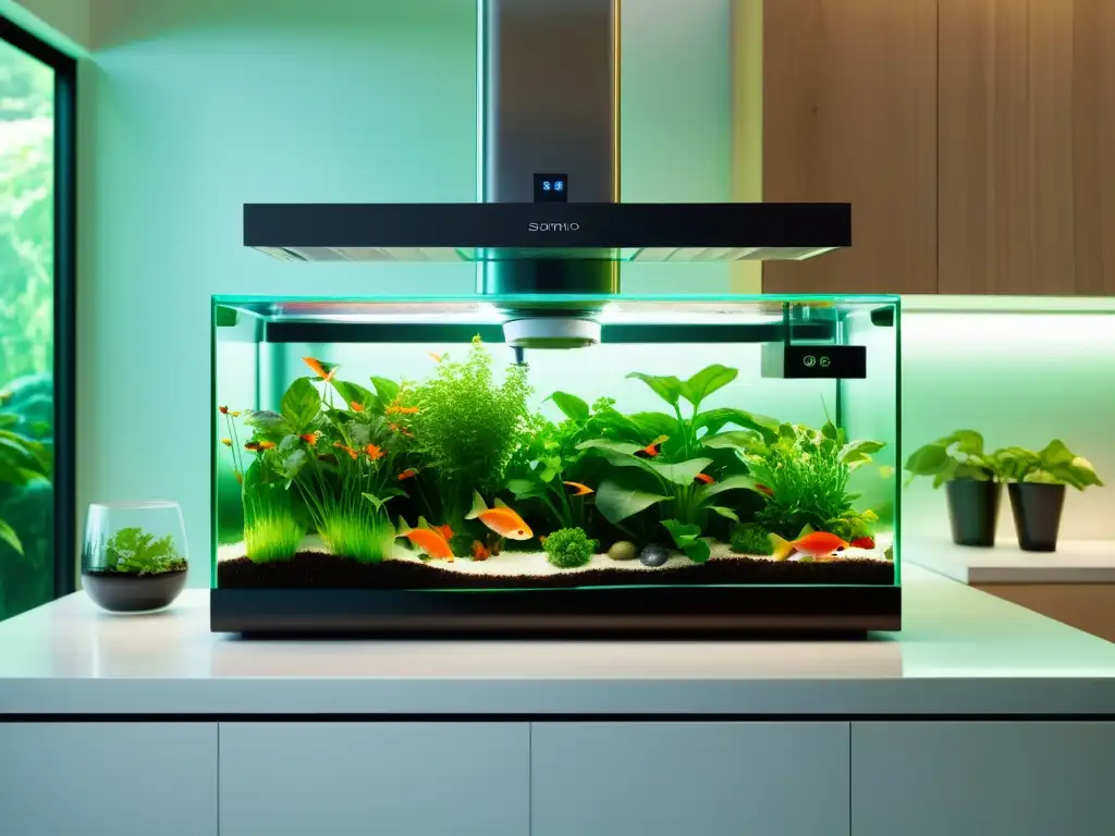 Acuaponía doméstica innovadora para hogar: sistema integrado en una cocina minimalista con peces vibrantes y exuberante vegetación