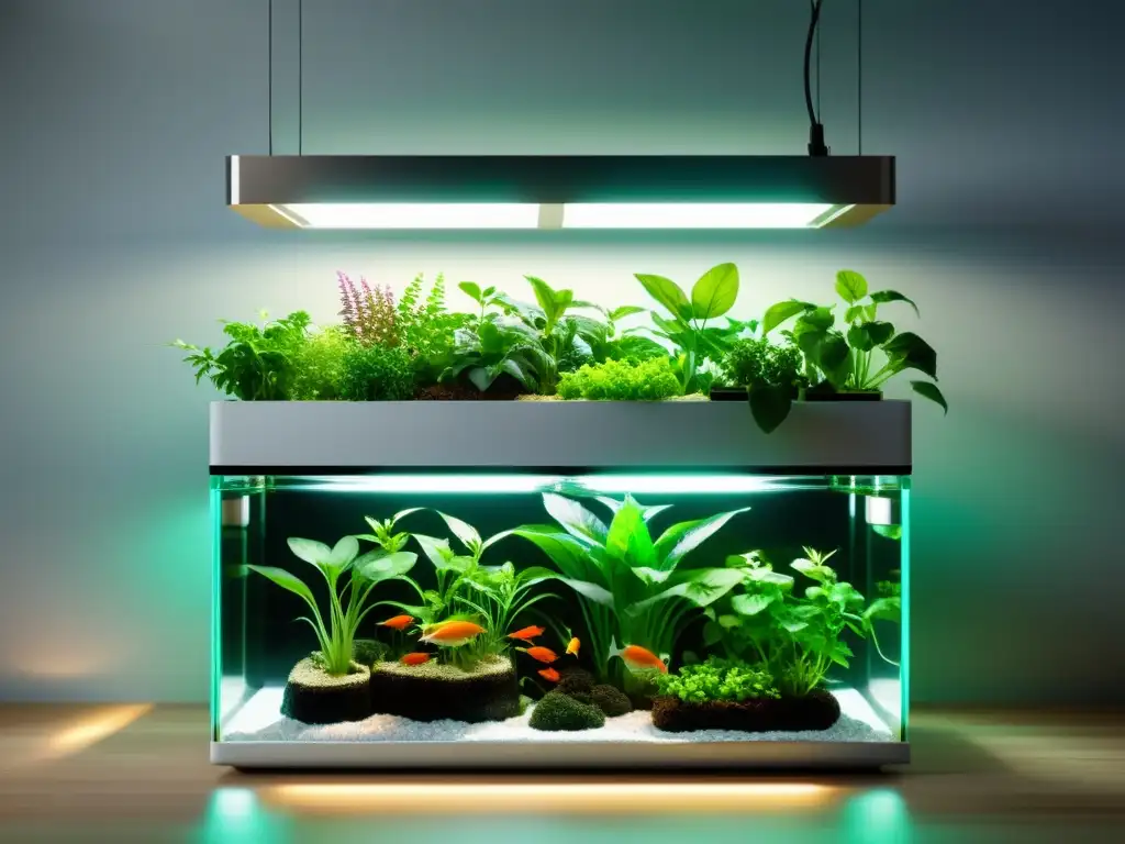 Emprendiendo con acuaponía doméstica: Sistema de acuaponía moderno en una elegante cocina minimalista, con plantas exuberantes y peces nadando