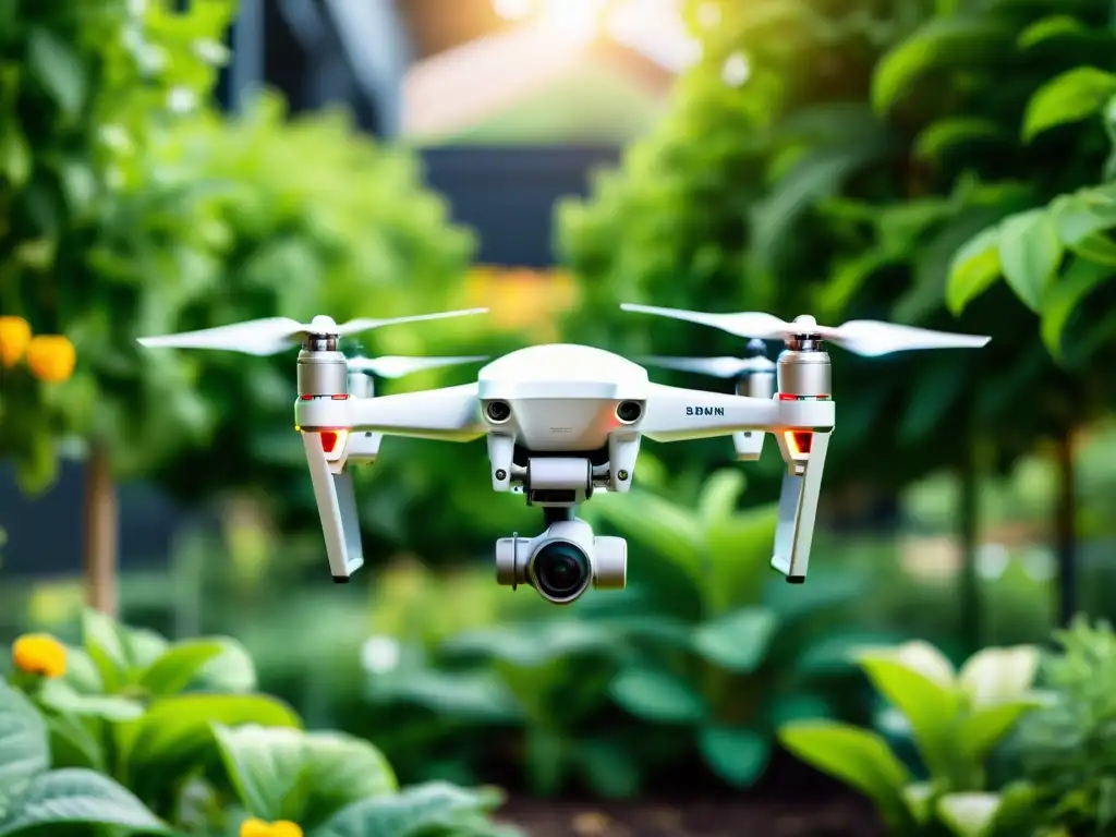 Un dron moderno captura la innovación en huertos urbanos, fusionando tecnología y naturaleza