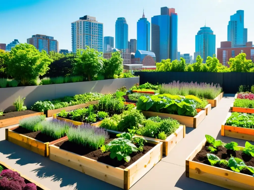 Jardín de economía circular permacultura urbana con diversidad de personas cuidando de las plantas y practicando sostenibilidad en la ciudad