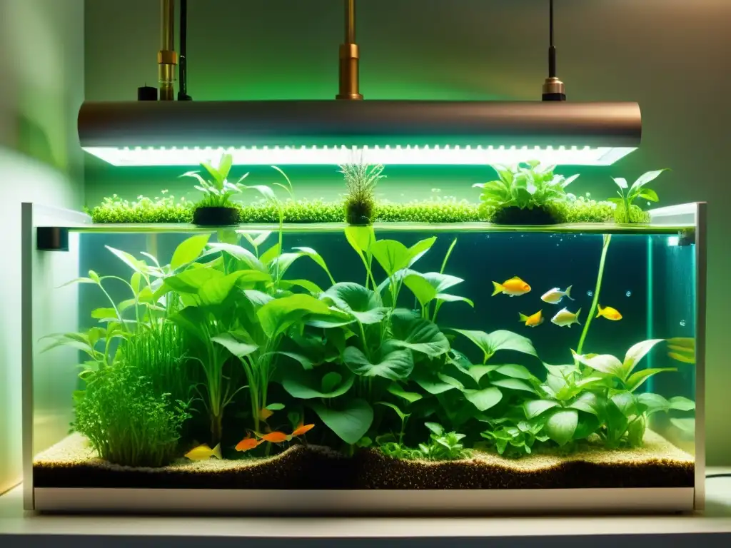 Un ecosistema acuapónico próspero, con plantas y peces vibrantes, redes de tuberías y filtración, bañado por la luz natural