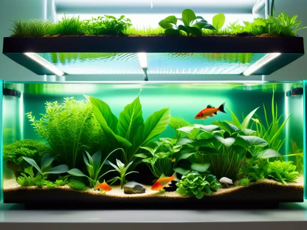 Un ecosistema acuapónico vibrante y equilibrado, con exuberante vegetación y peces saludables