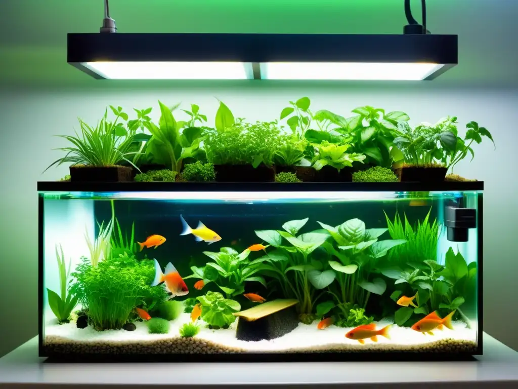 Un ecosistema acuático de acuaponía vibrante y moderno, con un tanque de peces de vidrio rodeado de exuberante vegetación