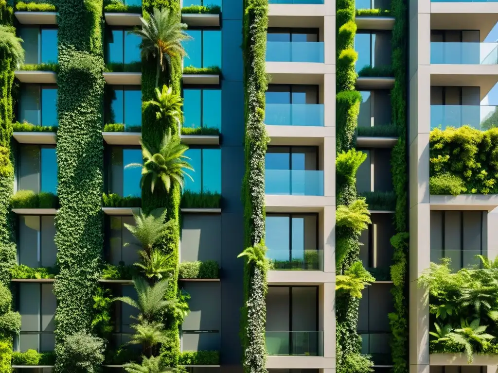 Edificio urbano con huertos verticales, un oasis verde en fachadas urbanas modernas