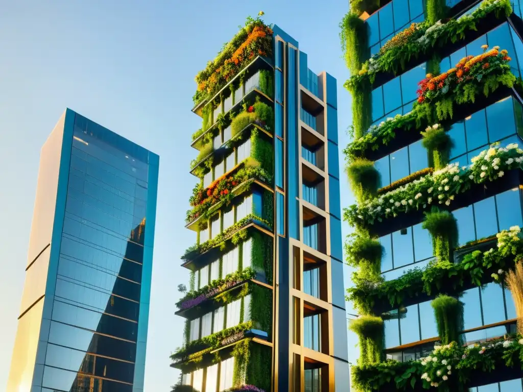 Edificio urbano con huertos verticales, luz dorada y actividad sostenible, impacto huertos verticales sostenibilidad