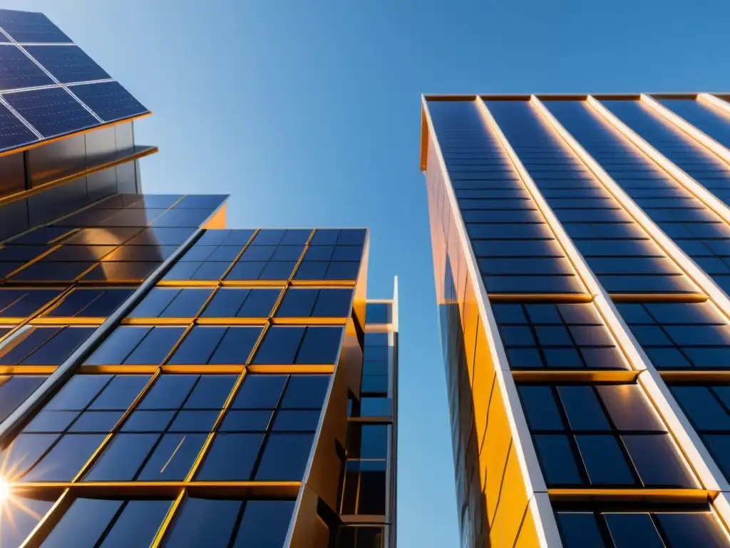 Edificio urbano con integración de paneles solares en huertos verticales, bañado por la cálida luz dorada del sol