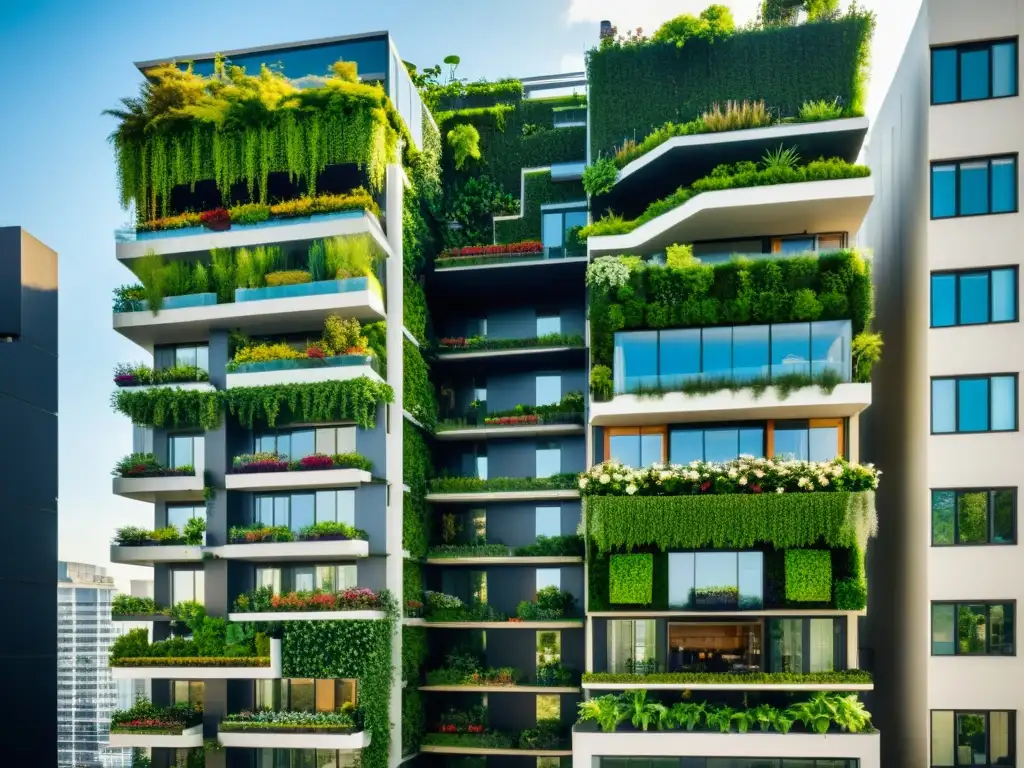 Un edificio urbano moderno con huertos verticales integrados, impacto en sostenibilidad urbana con vegetación exuberante a diferentes alturas