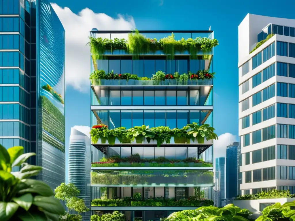 Edificio urbano moderno con jardines verticales y acuaponía