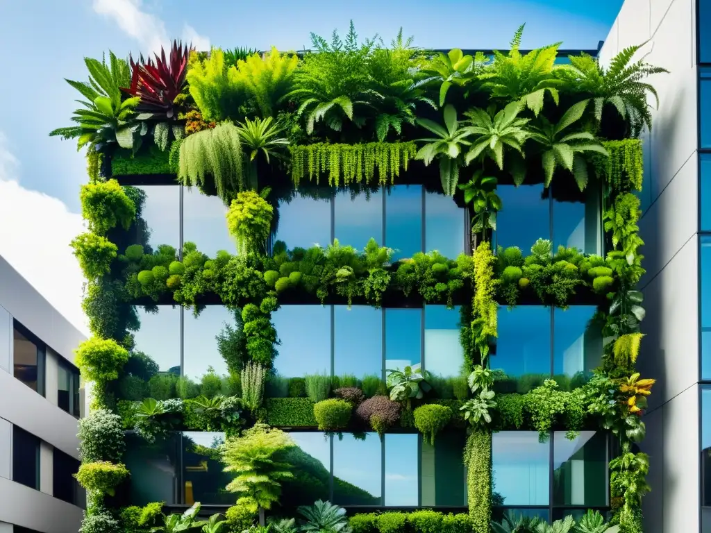 Edificio urbano moderno con jardines verticales exuberantes, aportando beneficios huertos verticales urbanos en el paisaje urbano