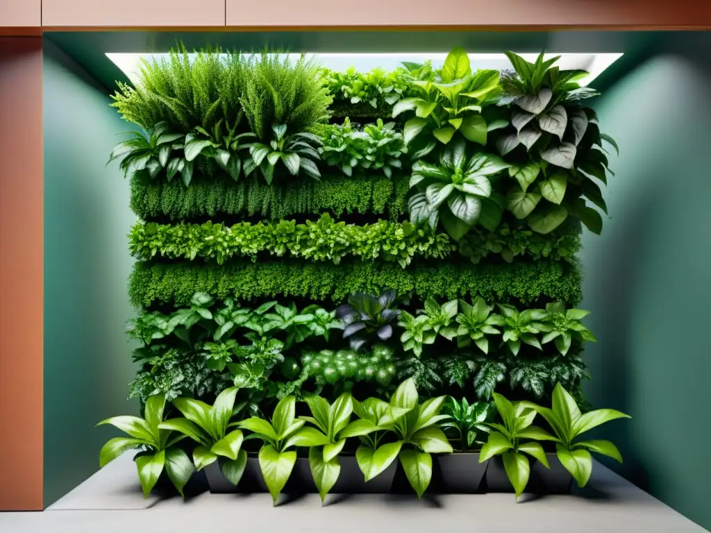 Una ilustración educativa y moderna de un jardín vertical con plantas verdes exuberantes, mostrando los beneficios de huertos verticales para niños