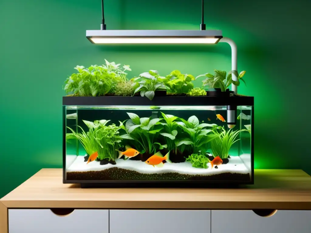 Una elegante y compacta acuaponía doméstica con plantas vibrantes y peces saludables