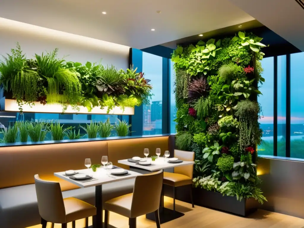 Un elegante huerto vertical para restaurantes, con hierbas y vegetales vibrantes en un entorno moderno