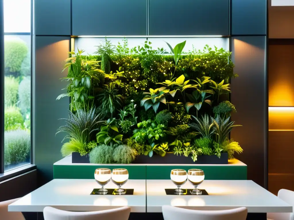 Un elegante huerto vertical para restaurantes, con hierbas y verduras vibrantes, iluminado con suave luz LED