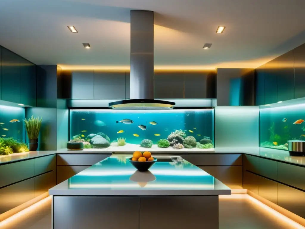 Un elegante y moderno escenario de cocina con un tanque de peces de cultivo urbano, preparación de pescados y ambiente sofisticado