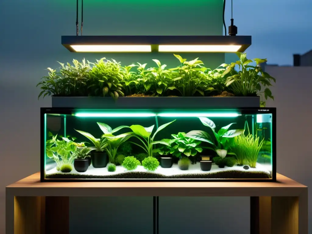 Un elegante sistema acuapónico urbano de diseño minimalista con tanques de vidrio, plantas verdes vibrantes, integrado en un entorno urbano moderno