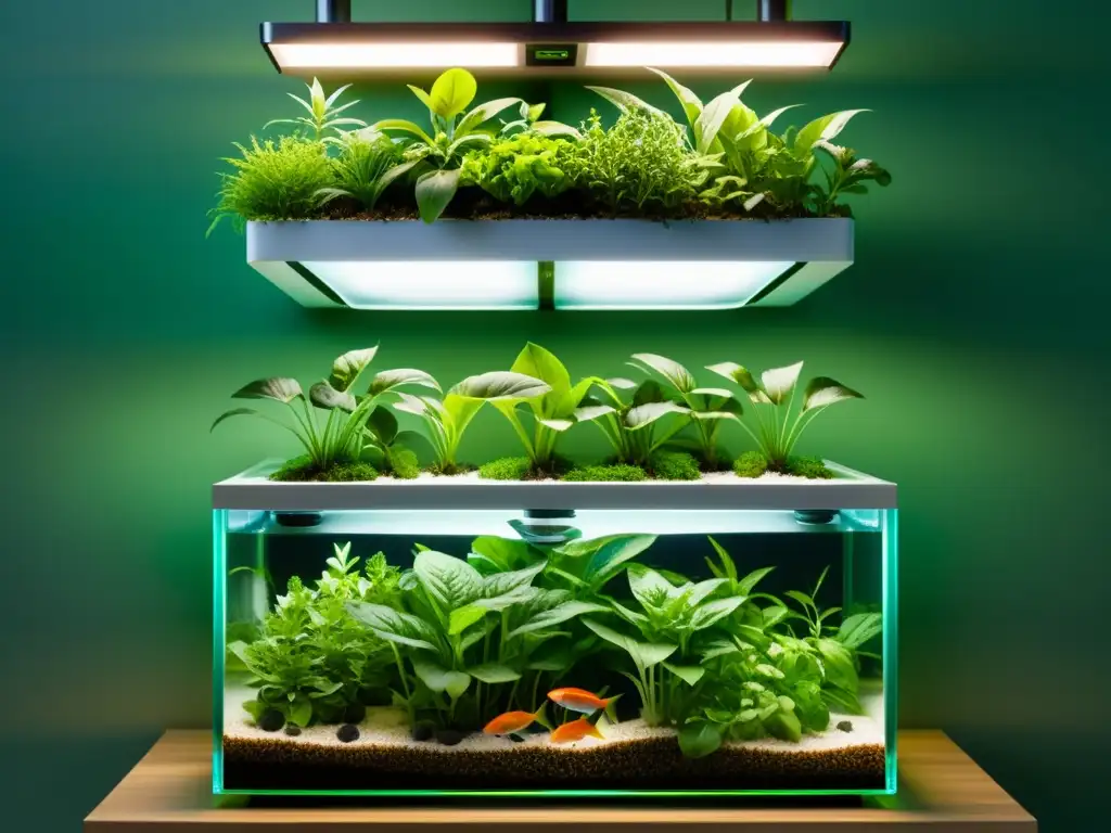 Un elegante sistema de acuaponía en agricultura urbana con peces y plantas en simbiosis, creando un centro educativo visualmente impactante