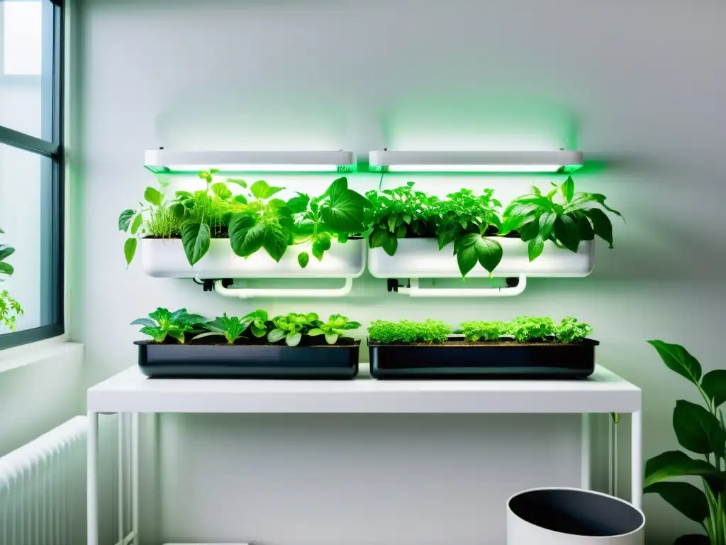 Hydroponía doméstica moderna y elegante Un elegante sistema hidropónico en casa con plantas vibrantes organizadas en filas, tuberías blancas y luz natural