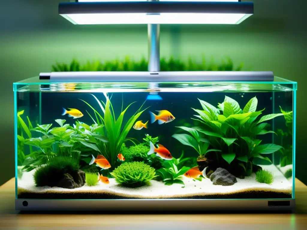 Un elegante sistema de acuaponía con peces tropicales coloridos entre plantas acuáticas