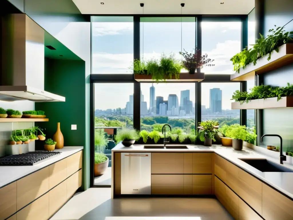 Un elegante jardín vertical comestible urbano integrado en una cocina moderna con vistas a la ciudad