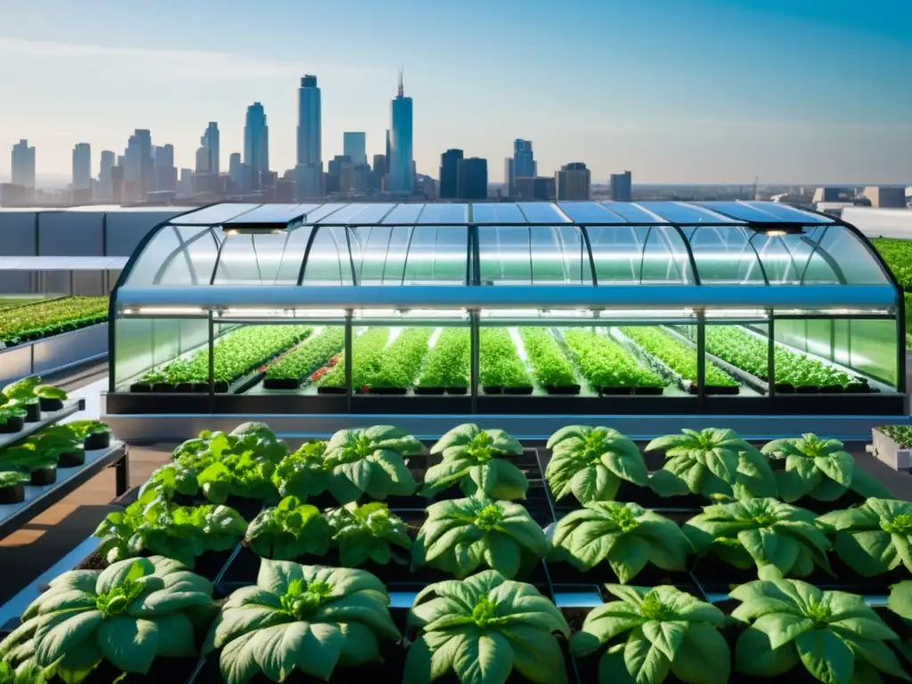 Emprendimiento en agricultura urbana: Invernadero urbano futurista con tecnología avanzada y agricultores urbanos cuidando plantas vibrantes