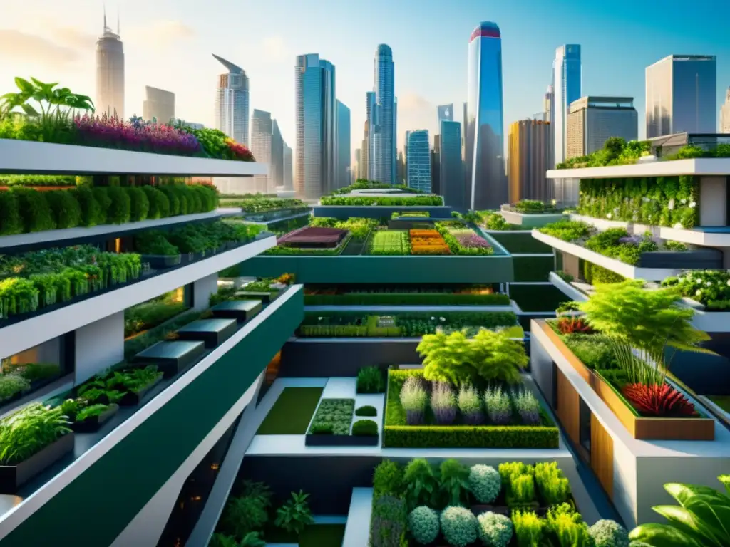 Emprendimiento con huertos verticales urbanos: Futurista paisaje urbano con rascacielos y jardines en la azotea, fusionando tecnología y naturaleza