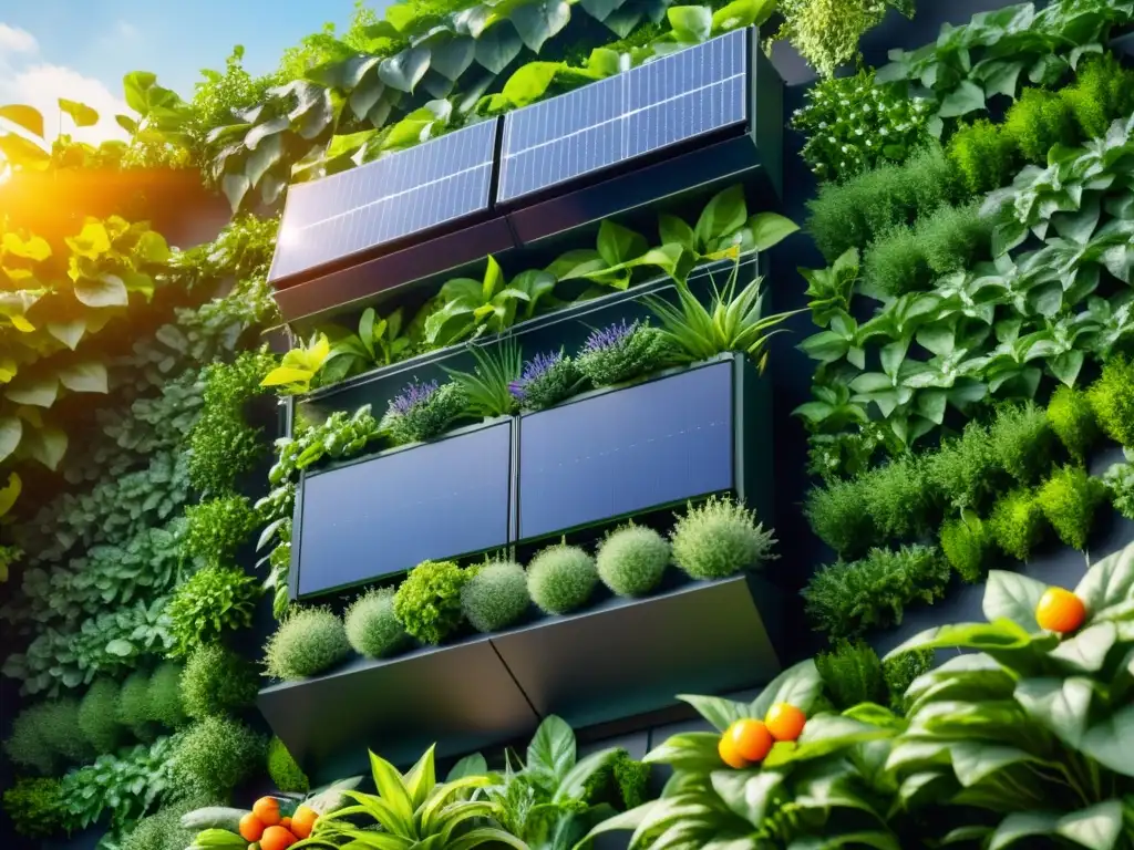 Energía solar en huertos verticales sostenibles con diseño futurista y exuberante vegetación