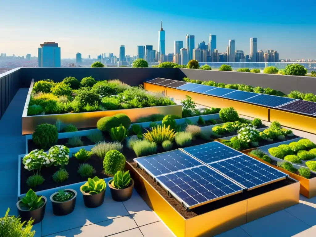 Energía solar en acuaponía urbana: Un jardín urbano futurista lleno de vegetación exuberante y paneles solares integrados en la arquitectura