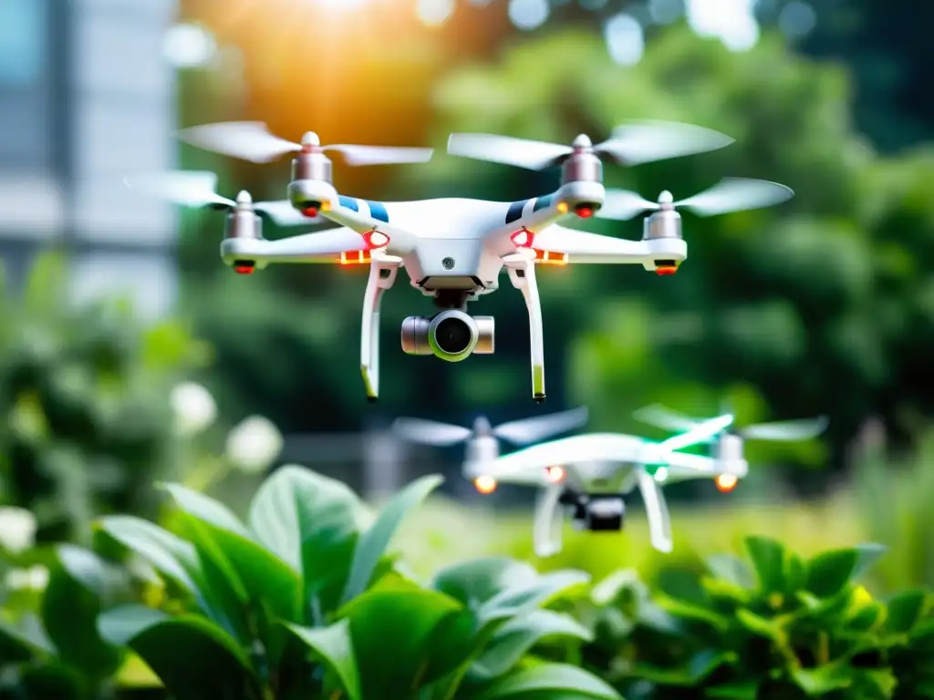 Un enjambre de drones autónomos plateados y blancos cuida con precisión un jardín urbano vibrante