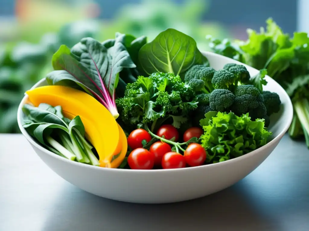 Una ensalada vibrante con vegetales frescos de huerto vertical urbano, exudando frescura y salud