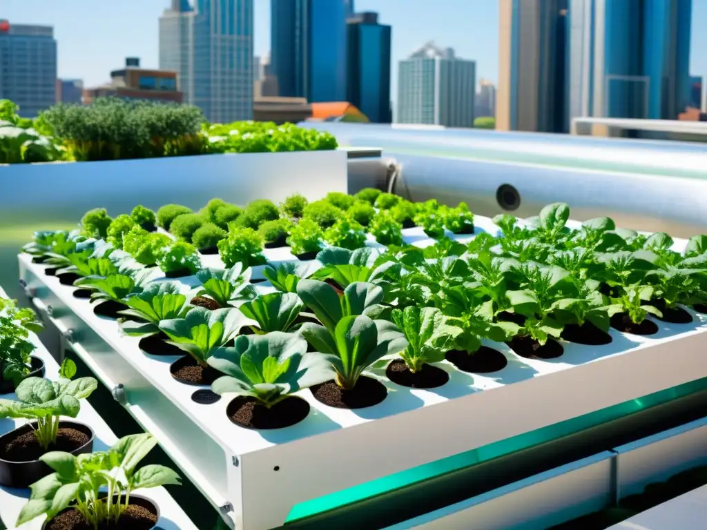 Un jardín de acuaponía en un entorno urbano, con vegetales vibrantes y un diseño moderno, contrastando naturaleza y desarrollo urbano