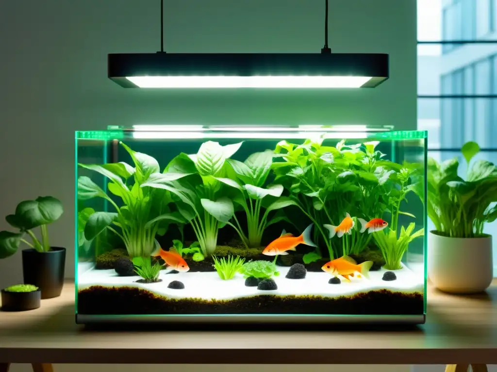 Escena de acuaponía en agricultura urbana con diseño minimalista, verduras verdes y peces saludables en agua clara