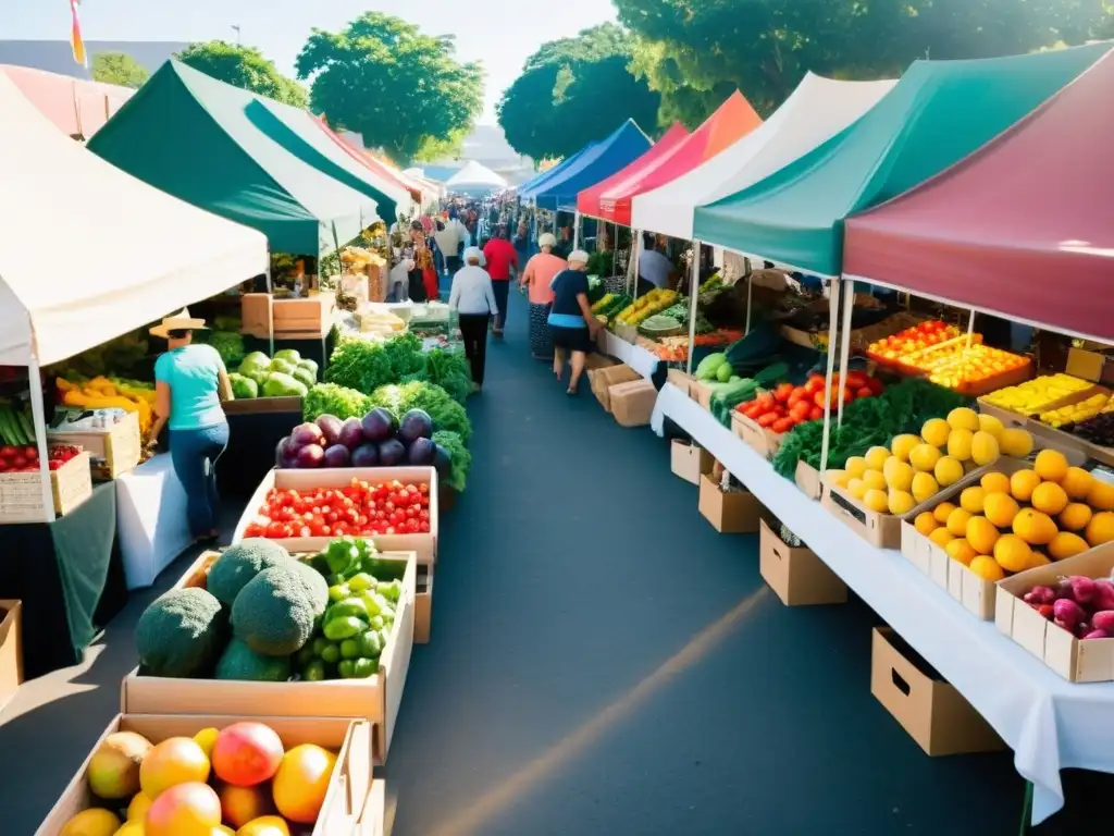 'Escena animada en mercado local de agricultura urbana con productos frescos y coloridos, atrayendo a una diversa clientela