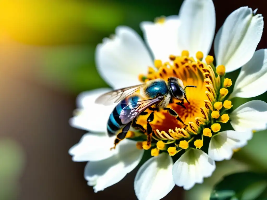 Una escena detallada y vibrante de polinización en huertos urbanos, con una abeja cubierta de polen posada en una flor