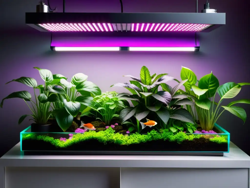 Una escena futurista de acuaponía con iluminación óptima para acuaponía, resaltando la vibrante luz rosa y morada sobre las plantas y peceras