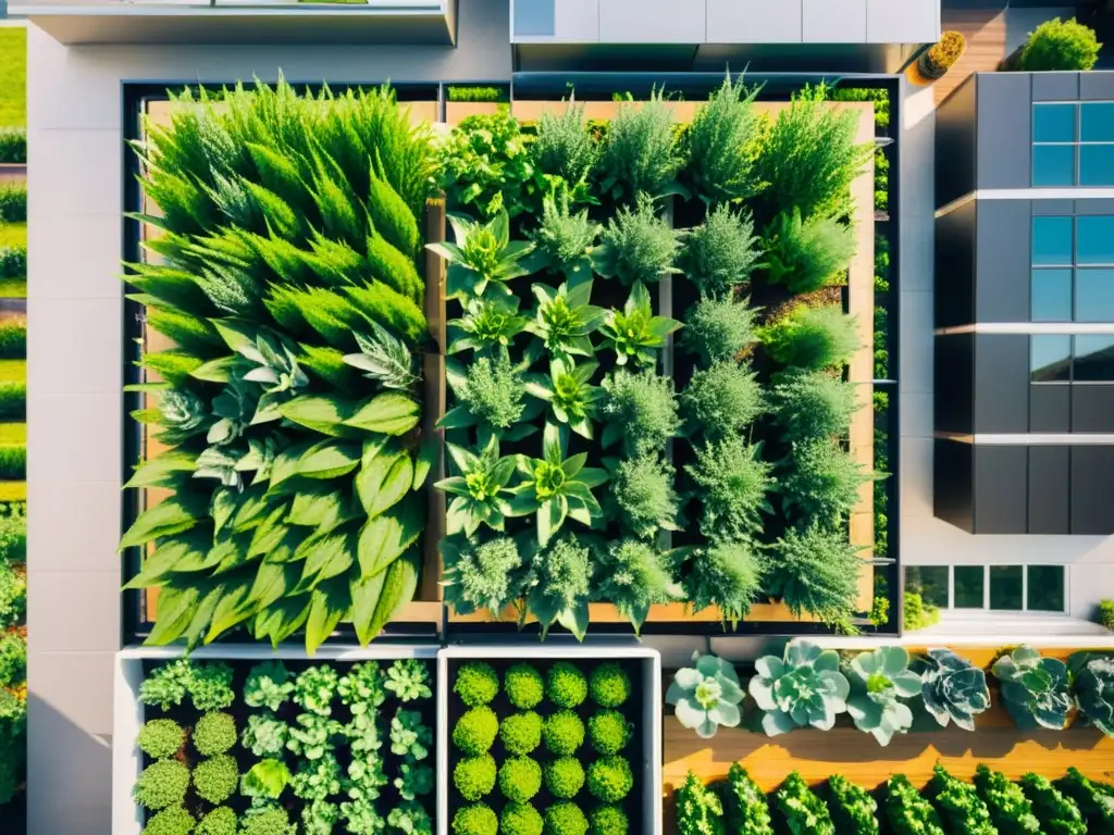 Una escena impresionante de un bullicioso jardín urbano en la azotea, con cultivos verdes y ordenados en camas elevadas, rodeado de edificios modernos