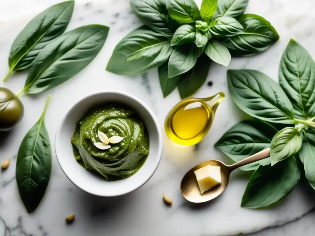 Una escena impresionante de ingredientes frescos para hacer salsa pesto casera, como albahaca verde, ajo, piñones, queso parmesano y aceite de oliva, en un hermoso mostrador de mármol