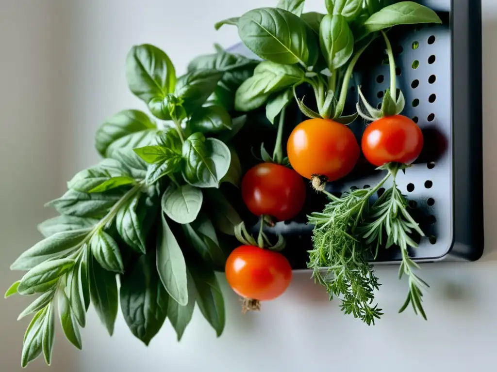 Una escena inspiradora de secado de hierbas y vegetales, con colores vibrantes y texturas delicadas, iluminada por la luz natural