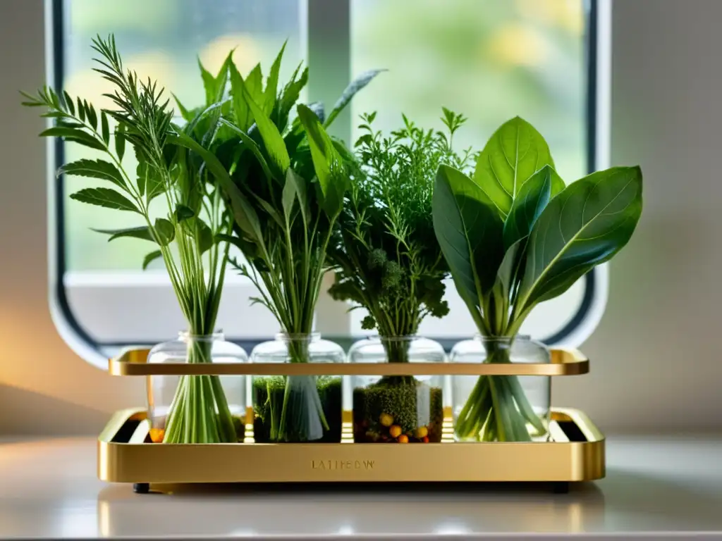 Una escena de secado de hierbas y vegetales con un elegante y moderno rack, bañada por la luz natural, resaltando su frescura y vitalidad