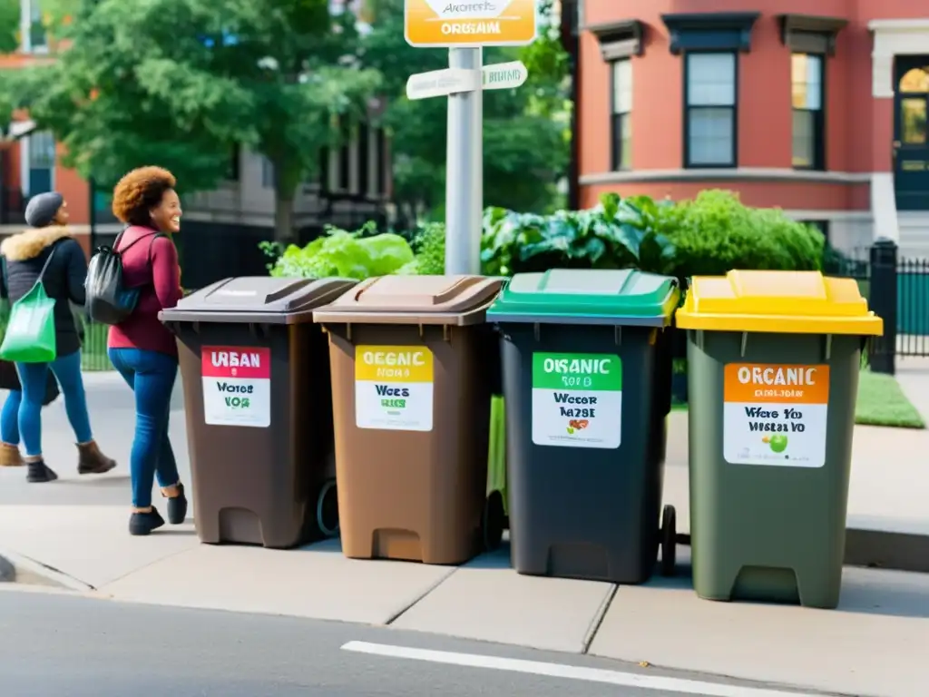 Escena urbana con compostaje y permacultura, ciudadanos felices contribuyendo al esfuerzo comunitario