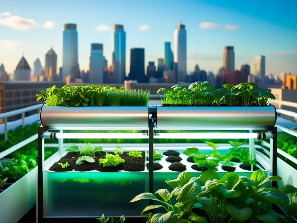 Una escena urbana de acuaponía: plantas verdes y peces nadando en un sistema de tubos y tanques en una azotea, con el horizonte de la ciudad de fondo