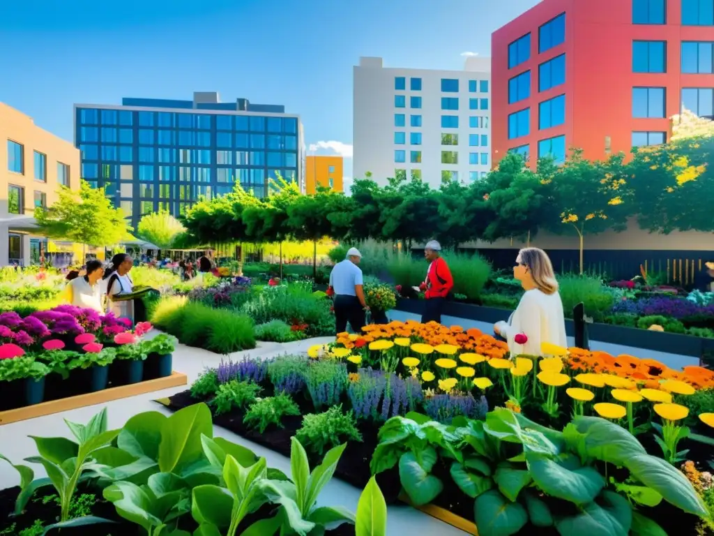 Una escena urbana vibrante con huertos verticales y una comunidad colaborativa en la agricultura urbana