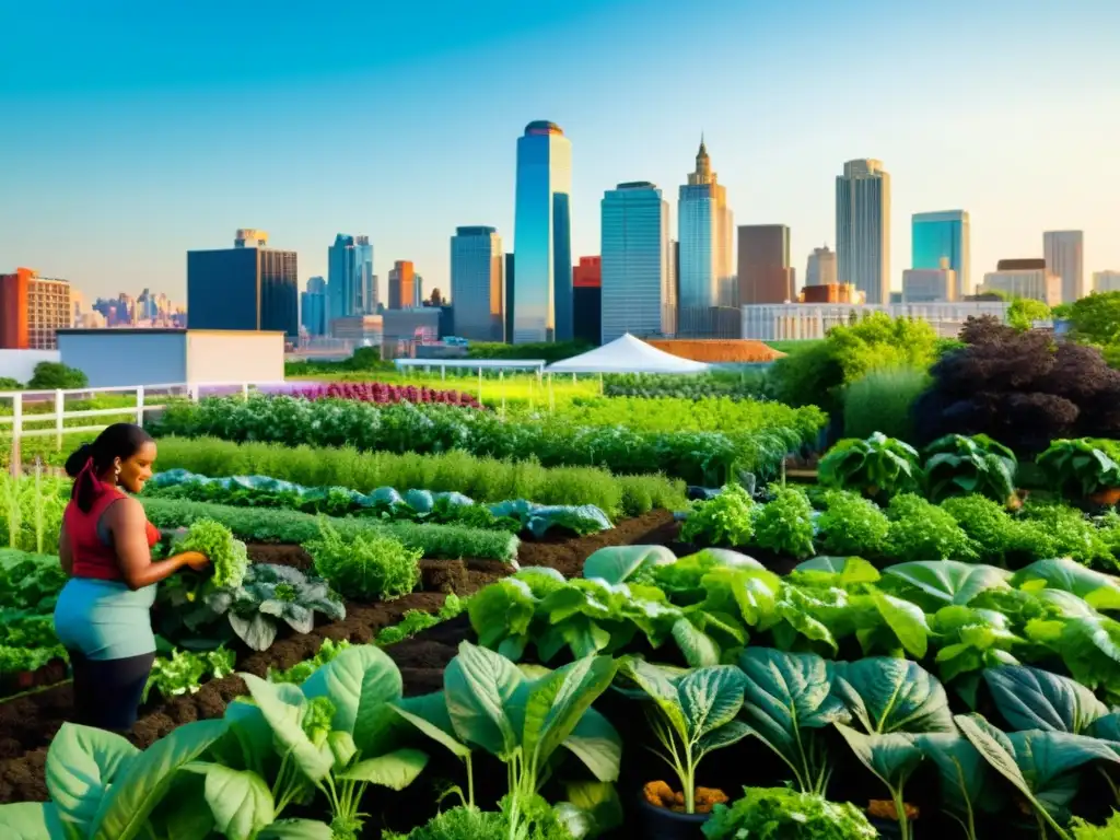 Una escena vibrante de agricultura urbana multicultural, con influencias diversas y evolución agrícola