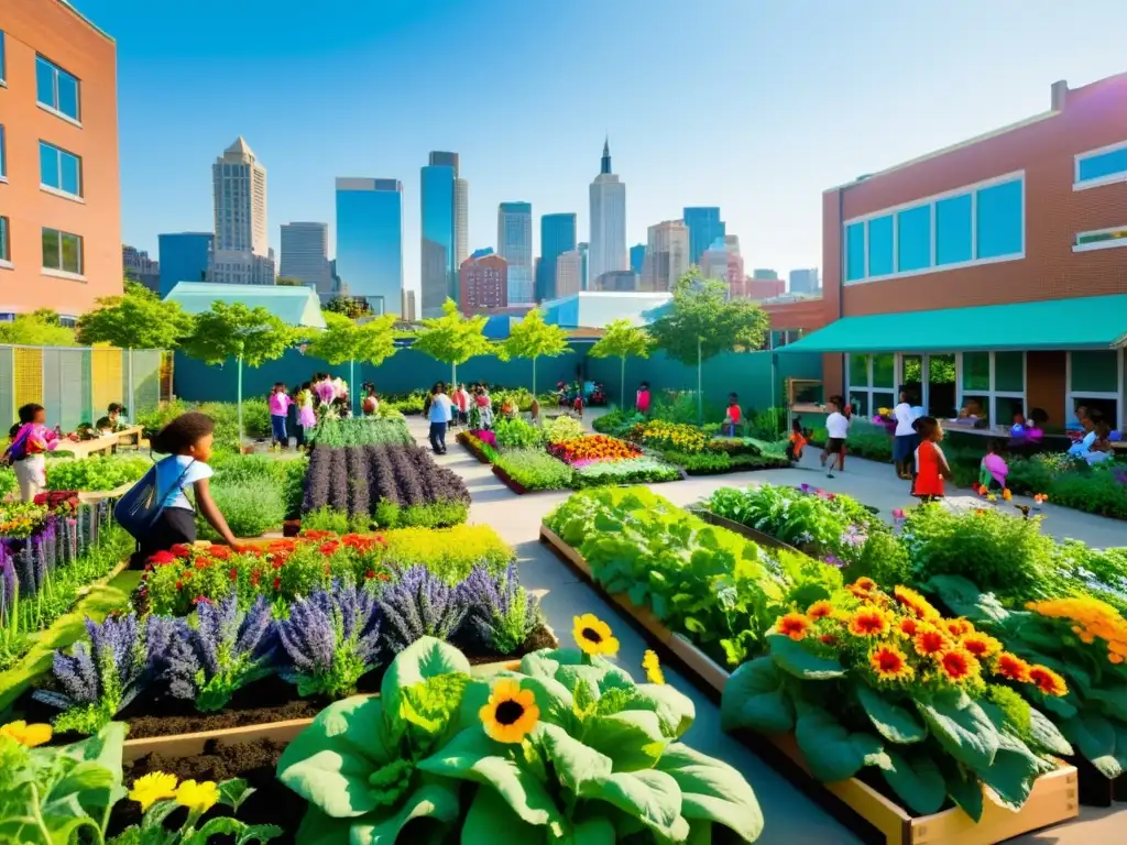 Una escena vibrante de agricultura urbana escolar con niños y la comunidad participando activamente en el cuidado de un jardín lleno de vegetales y flores coloridas, iluminada por el cálido sol